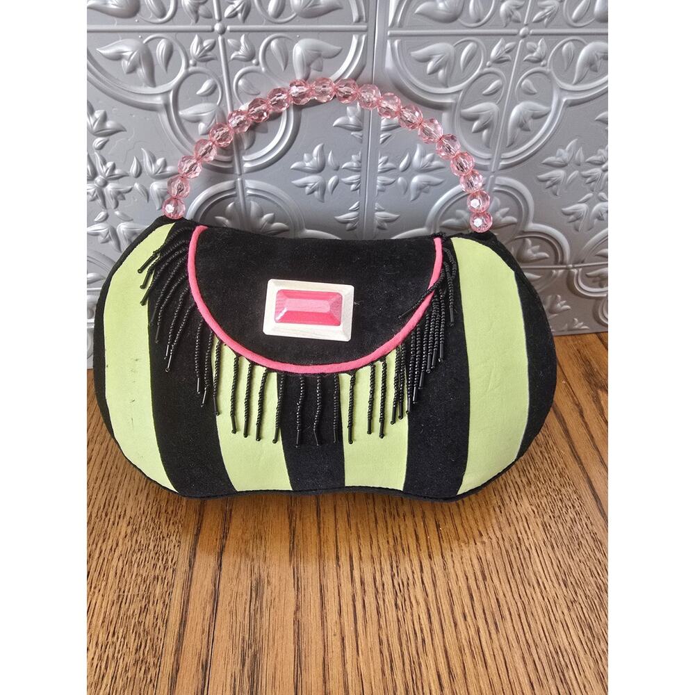 Purse Throw Pillow Black Lime Green Pink Beads And Handle
